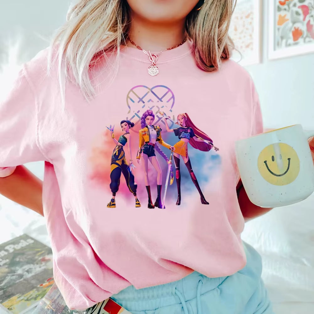 Anime Kpop Demon Hunters T-Shirt Tops for Children Casual Loose Girl Boy Clothing round Neck Short Sleeve Street Style T-Shirts